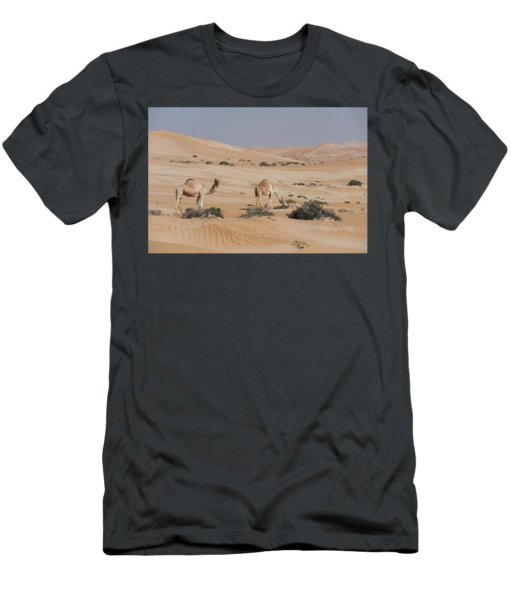 Two Arabian Camels Dromedaries Feeding in the Sparse Martin Gabriel Natureplcom T-Shirt